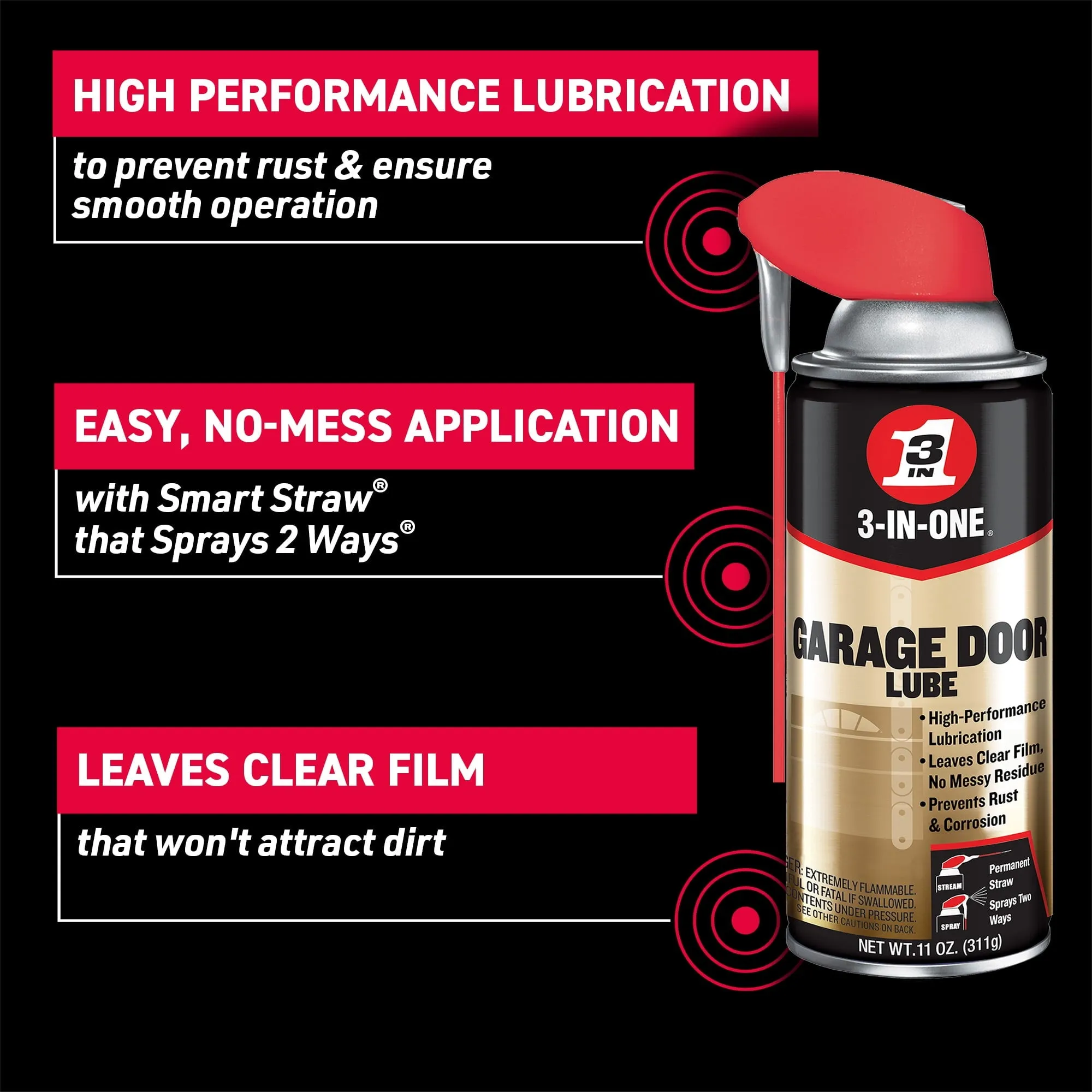 3-IN-ONE Professional Garage Door Lubricant with Smart StrawSprays 2 Ways, 11 OZ, 100584