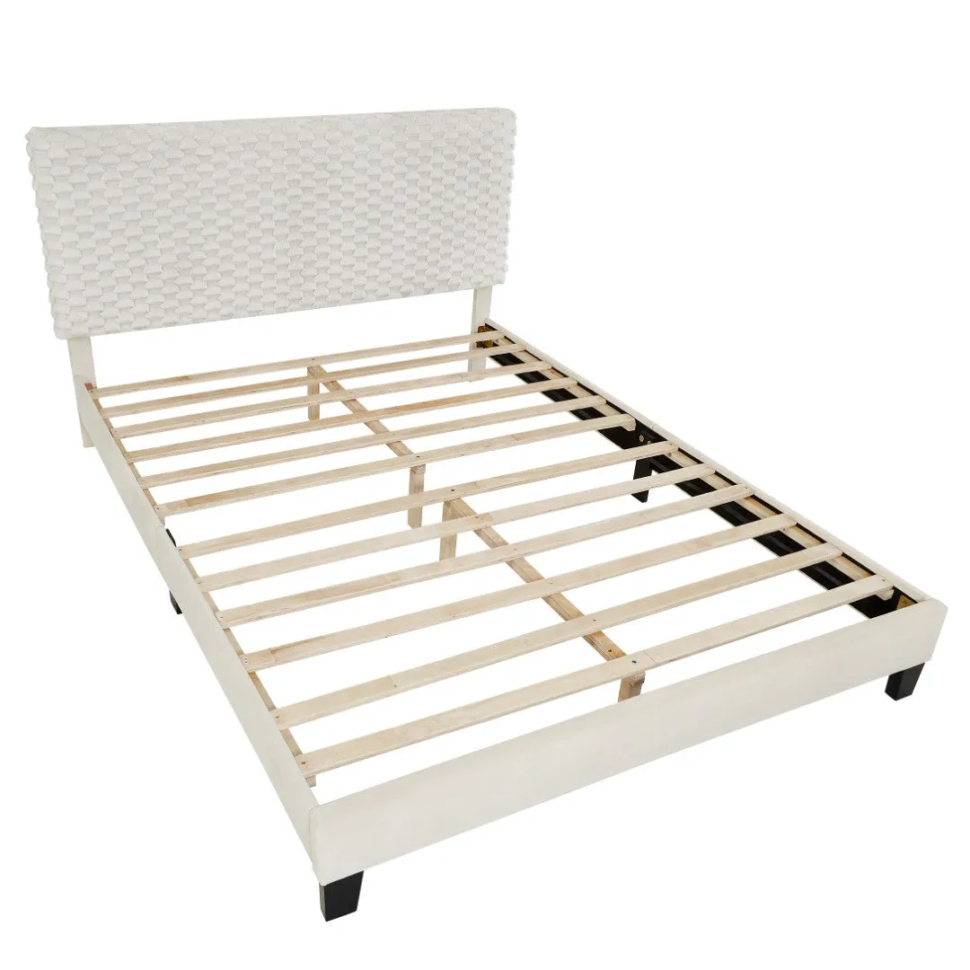 3D Plush Upholstered Platform Bed, White Dove, Queen Size - Luxurious Cloud-Like Comfort