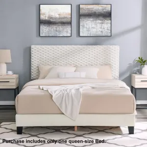 3D Plush Upholstered Platform Bed, White Dove, Queen Size - Luxurious Cloud-Like Comfort