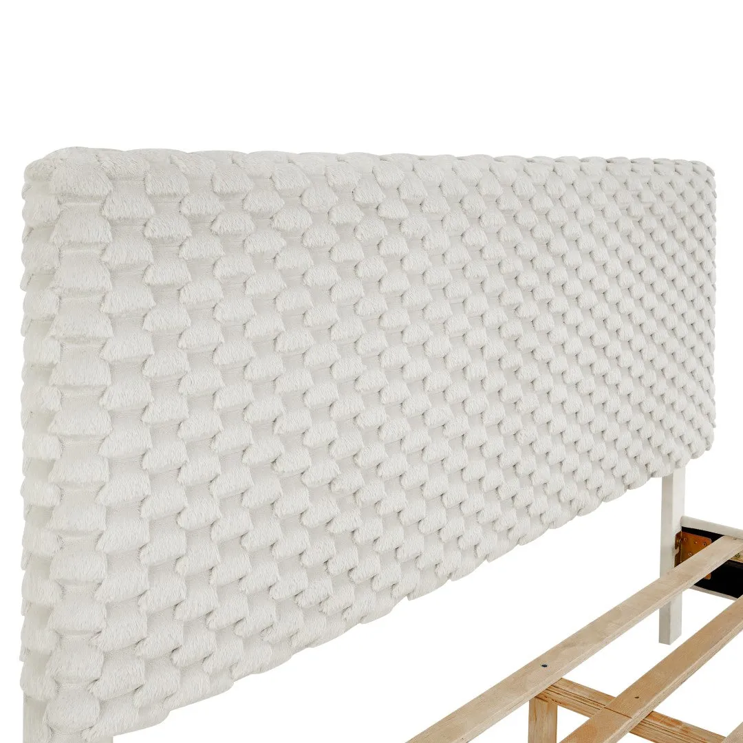 3D Plush Upholstered Platform Bed, White Dove, Queen Size - Luxurious Cloud-Like Comfort
