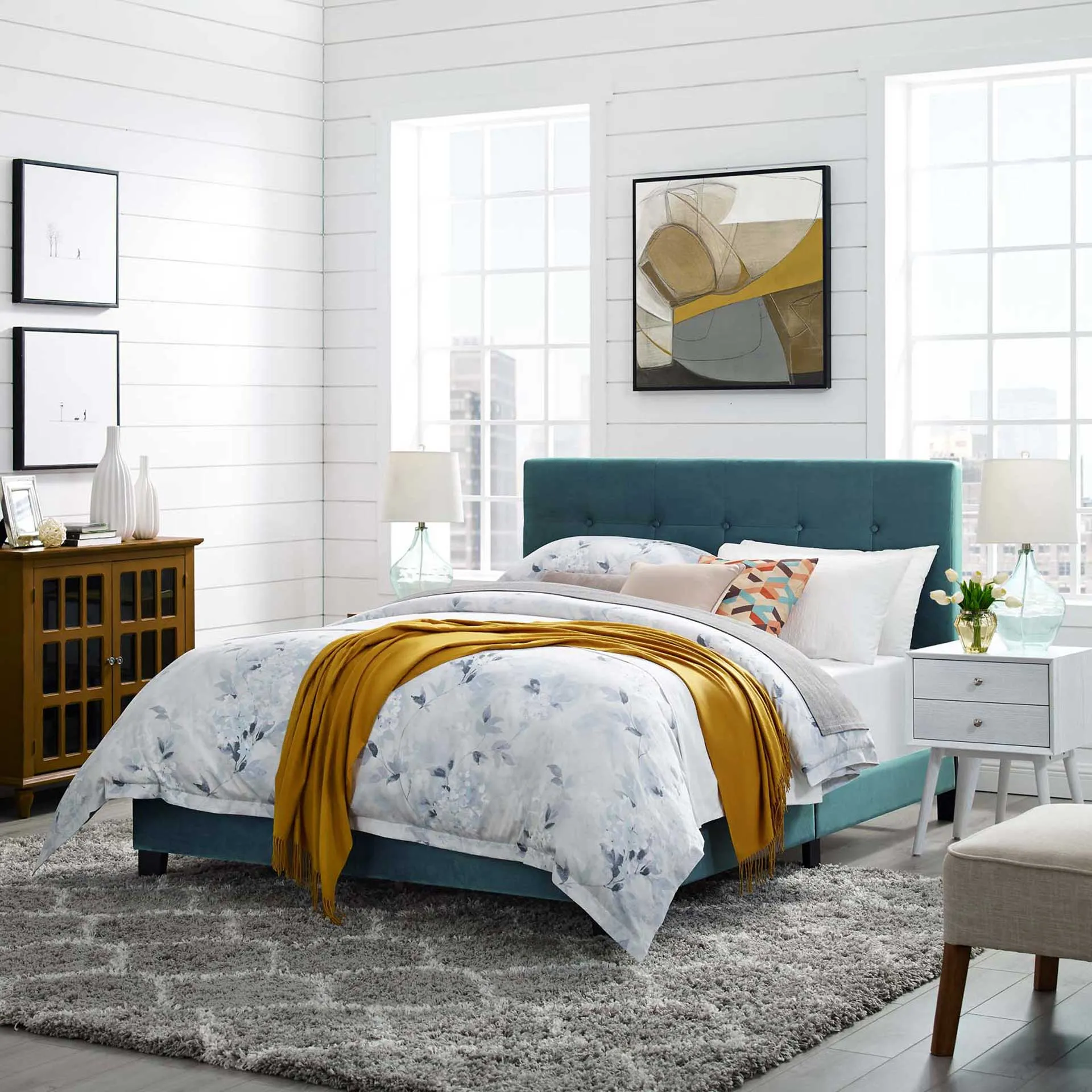 Adriane Upholstered Velvet Bed Sea Blue