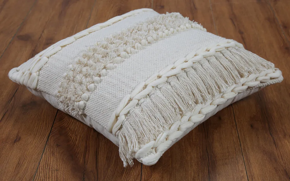 Boho Cushion Cover Natural Beige with Braided Details and Fringe Kylie