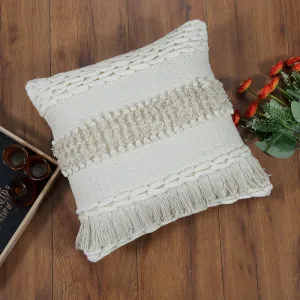 Boho Cushion Cover Natural Beige with Braided Details and Fringe Kylie