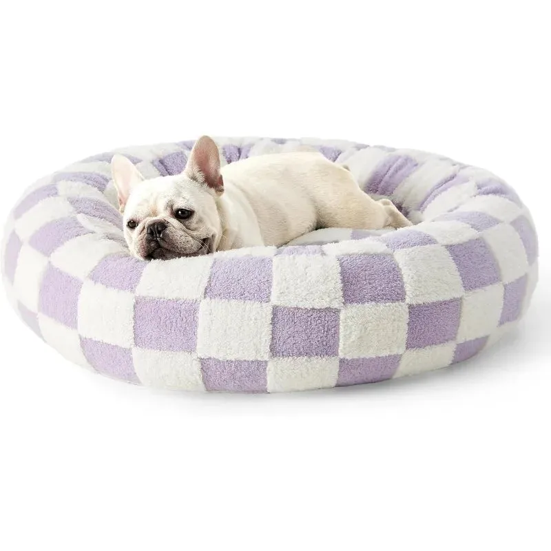 Donut Small Dog Bed | Round Cat Beds for Indoor Cats | Calming Pet Beds with Jacquard Shaggy Plush | Cute Modern Design