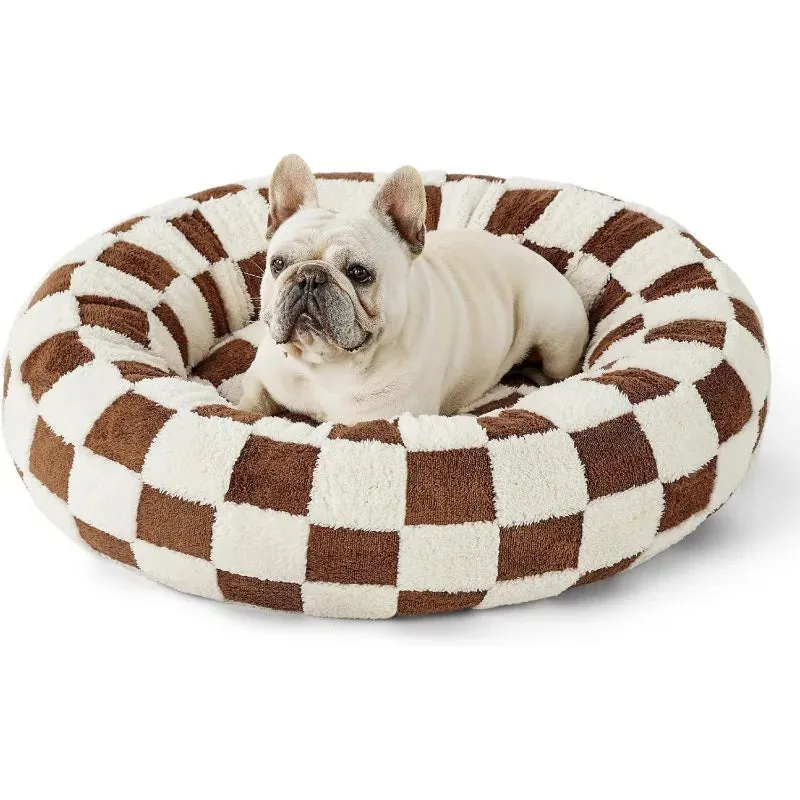 Donut Small Dog Bed | Round Cat Beds for Indoor Cats | Calming Pet Beds with Jacquard Shaggy Plush | Cute Modern Design