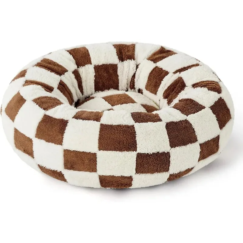 Donut Small Dog Bed | Round Cat Beds for Indoor Cats | Calming Pet Beds with Jacquard Shaggy Plush | Cute Modern Design