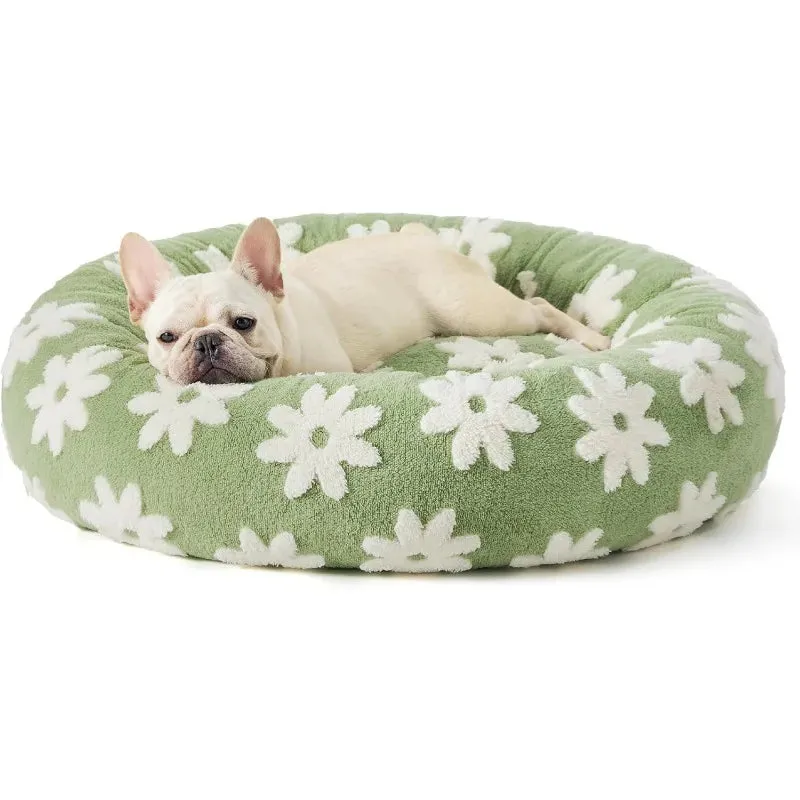 Donut Small Dog Bed | Round Cat Beds for Indoor Cats | Calming Pet Beds with Jacquard Shaggy Plush | Cute Modern Design