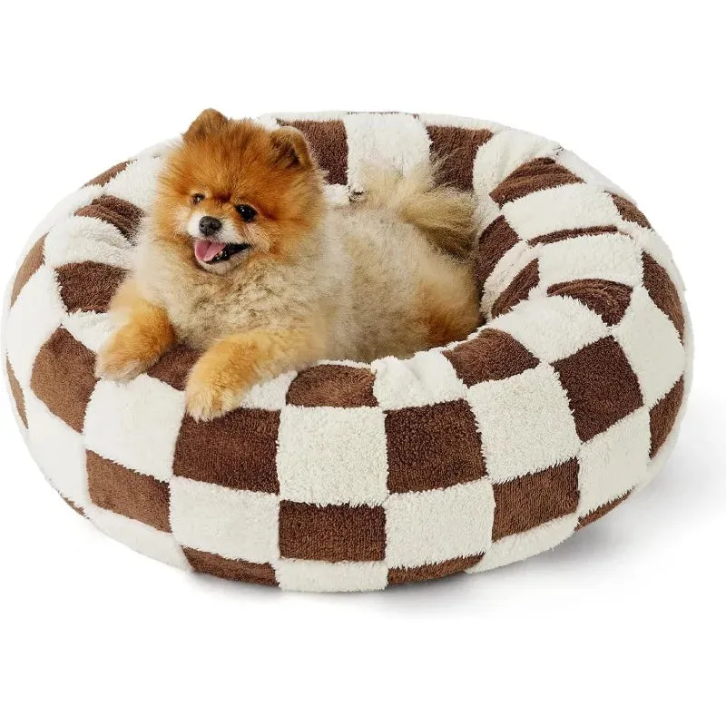 Donut Small Dog Bed | Round Cat Beds for Indoor Cats | Calming Pet Beds with Jacquard Shaggy Plush | Cute Modern Design