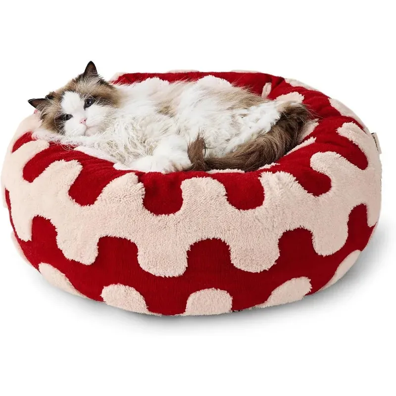 Donut Small Dog Bed | Round Cat Beds for Indoor Cats | Calming Pet Beds with Jacquard Shaggy Plush | Cute Modern Design