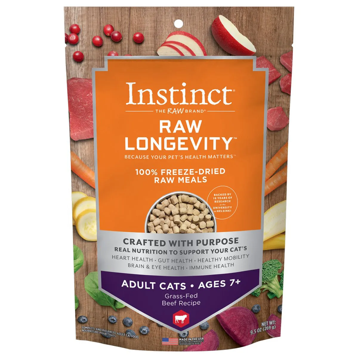 Instinct Raw Longevity 100% Freeze-Dried Raw Meals Grass-Fed Beef for Adults Ages 7  Cat Food 9.5oz
