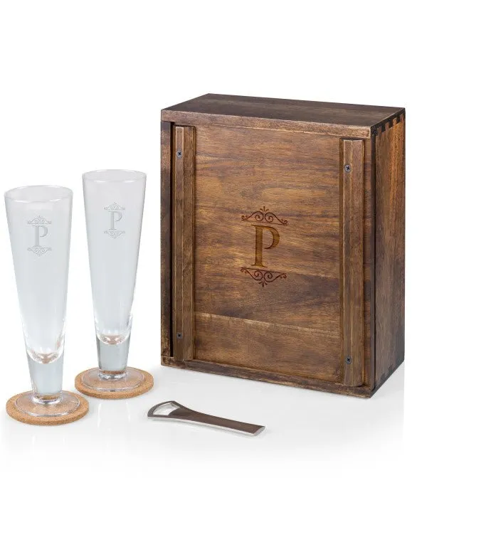 Monogram - P - Pilsner Beer Glass Gift Set, (Acacia Wood)