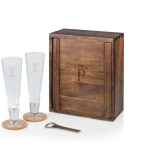 Monogram - P - Pilsner Beer Glass Gift Set, (Acacia Wood)