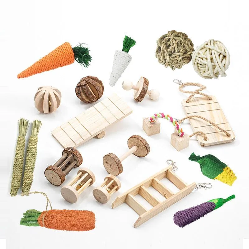 Natural Wood Pet Toy Set: Interactive Playtime Fun for Hamsters, Rabbits, Guinea Pigs, Parrots, Cats, and Dogs