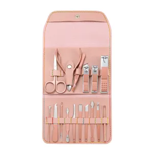 Rose Golden Scissors Nail Clippers Suit Tri-Fold Bag 16-Piece Pedicure Manicure Implement Ladies