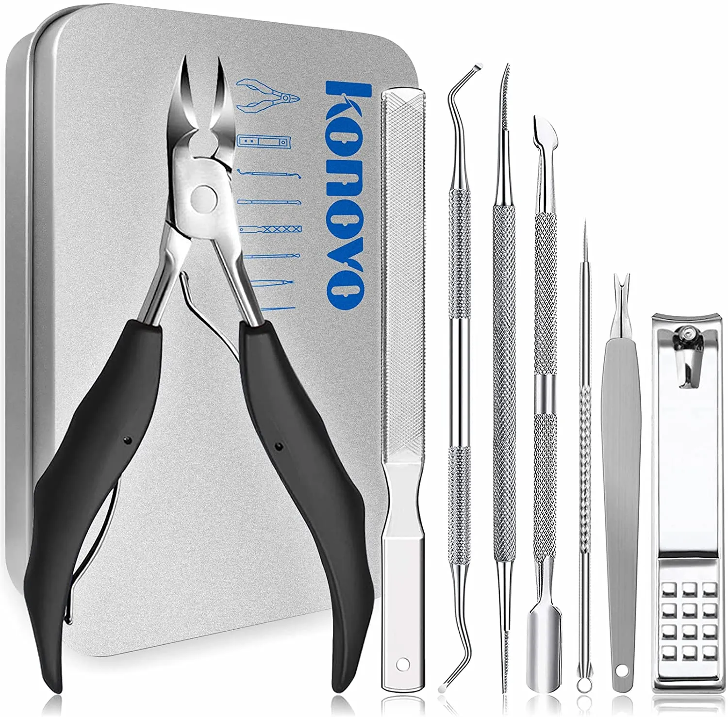 Toenail Clippers Kit, Toe Nail Clippers Adult Thick Nails Long Handle, Professional Nail Clippers Set 8pcs (Black)
