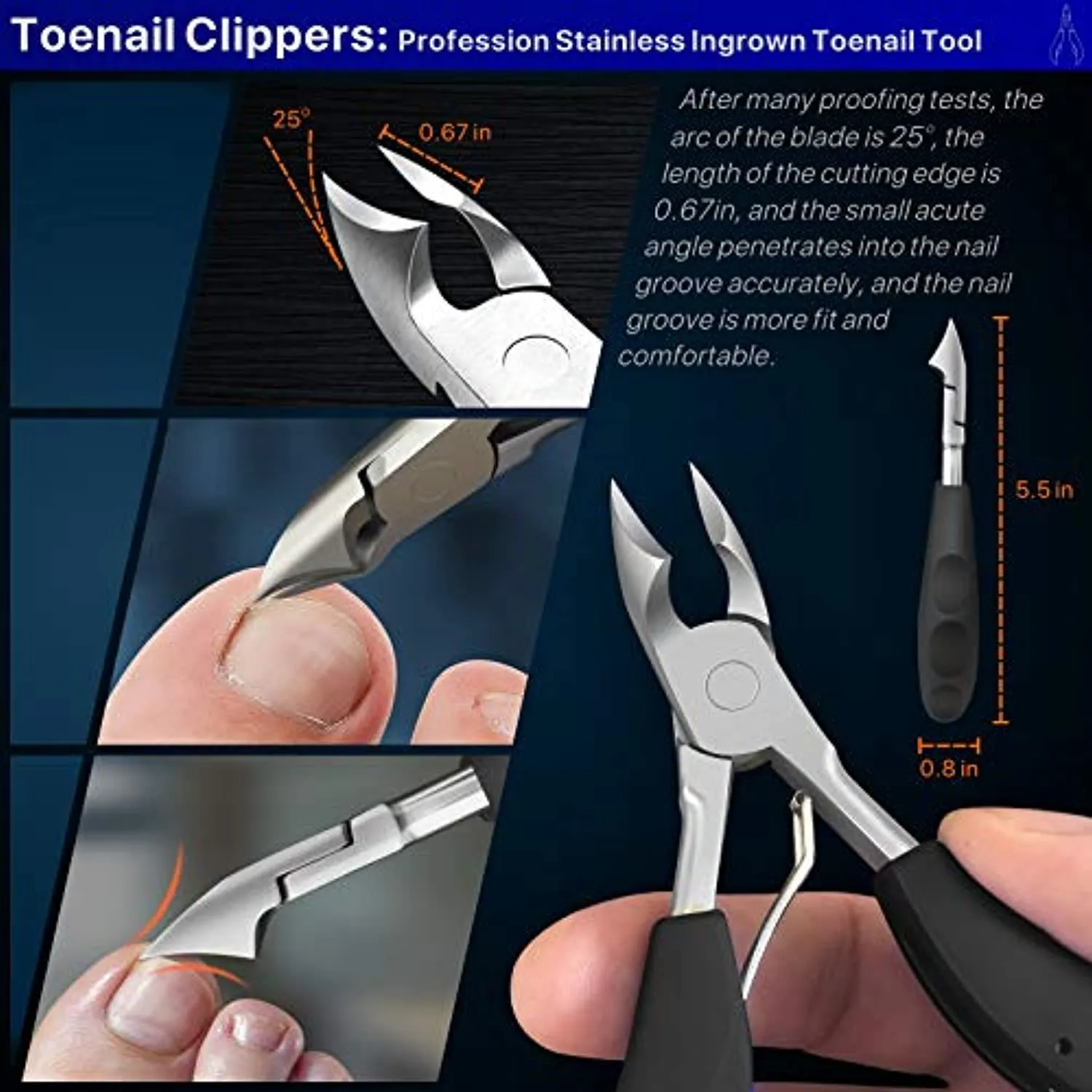 Toenail Clippers Kit, Toe Nail Clippers Adult Thick Nails Long Handle, Professional Nail Clippers Set 8pcs (Black)