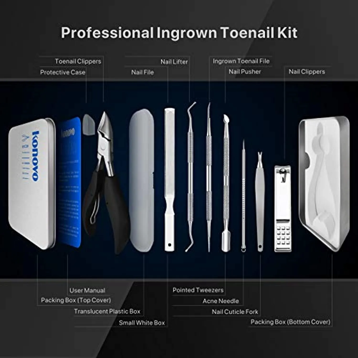 Toenail Clippers Kit, Toe Nail Clippers Adult Thick Nails Long Handle, Professional Nail Clippers Set 8pcs (Black)