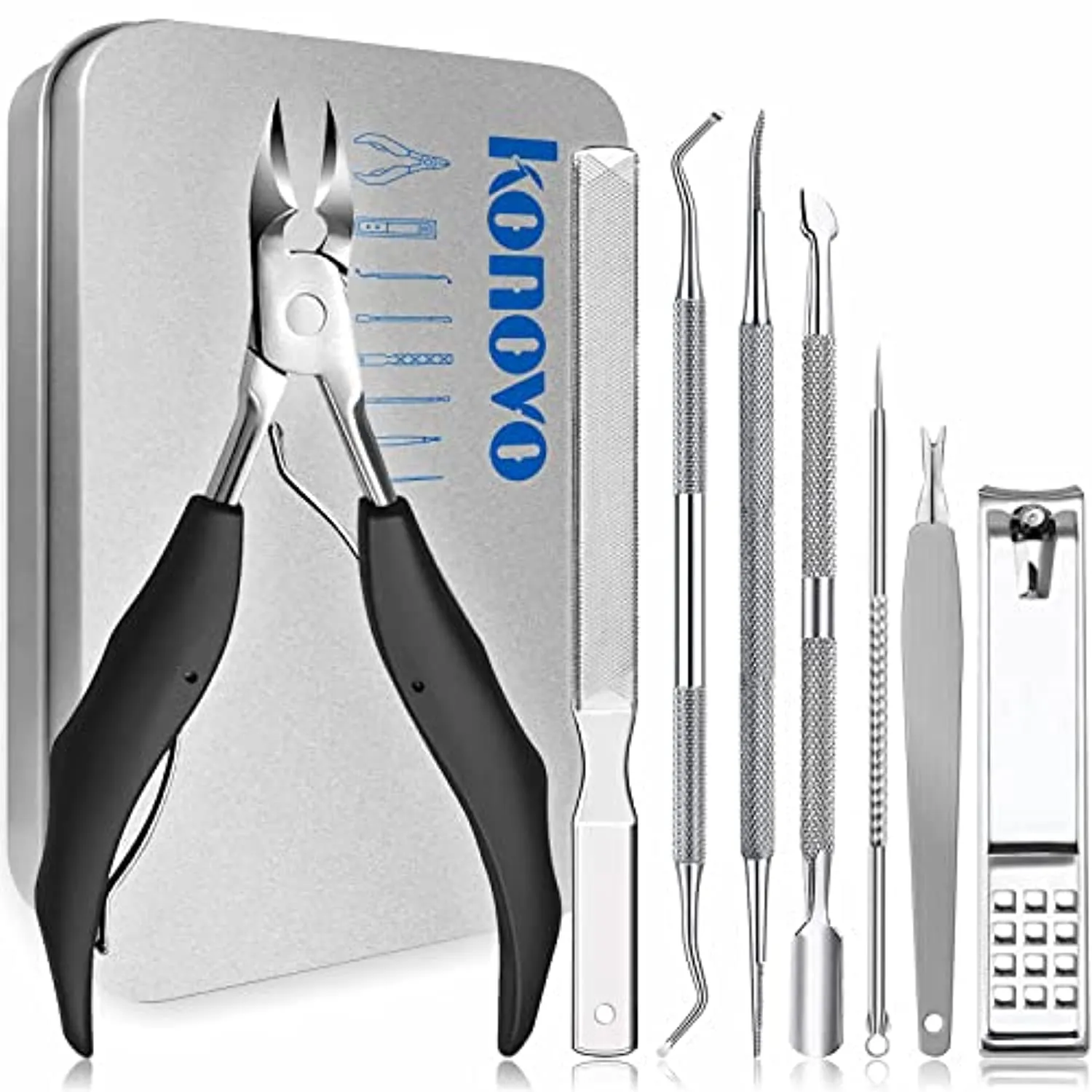 Toenail Clippers Kit, Toe Nail Clippers Adult Thick Nails Long Handle, Professional Nail Clippers Set 8pcs (Black)